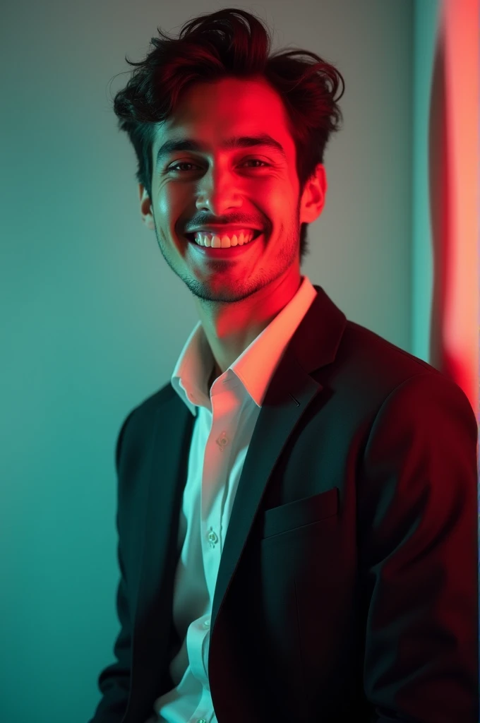 A young man with dark hair and confident smile.He is dressed black blazer over a white shirt.The man is positioned against aqua colour backdrop with suitable red lighting on the left side.and he posing for Linkedln profile