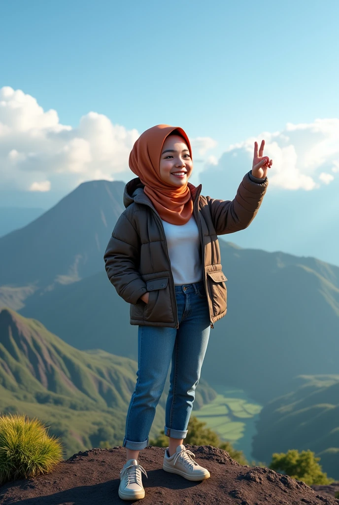 Realistic 4D 
30 year old Indonesian woman with a big head, wearing a hijab, thick jacket t-shirt, jeans, sneakers. standing at the top of the mountain with a very beautiful view of Rinjani mountain, showing a sign of love towards the front with her finger, shot from above