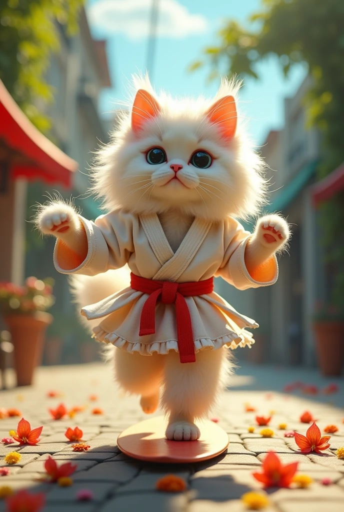 An Angora cat wearing a karate uniform, practicing martial arts A fun-loving Angora cat riding a surfboard on a city street An Angora cat dancing in front of a mirror, wearing a tutu and ballet shoes An Angora cat on the beach, building sand castles with its little paws A curious Angora cat explores the library, sitting on a pile of books An Angora cat is sitting in front of a piano, playing classical songs with full concentration.
An Angora cat paints on a canvas with a small brush, create a masterpiece.
An Angora cat is flying a kite in an open field on a sunny day..
An Angora cat at the carnival, compete to win prizes in a ring toss game.
A happy Angora cat rides a merry-go-round while holding on to a pole.
An Angora cat sits in a comfortable chair near the fireplace., reading a storybook An Angora cat sitting at a cafe table, sipping a small cup of coffee
