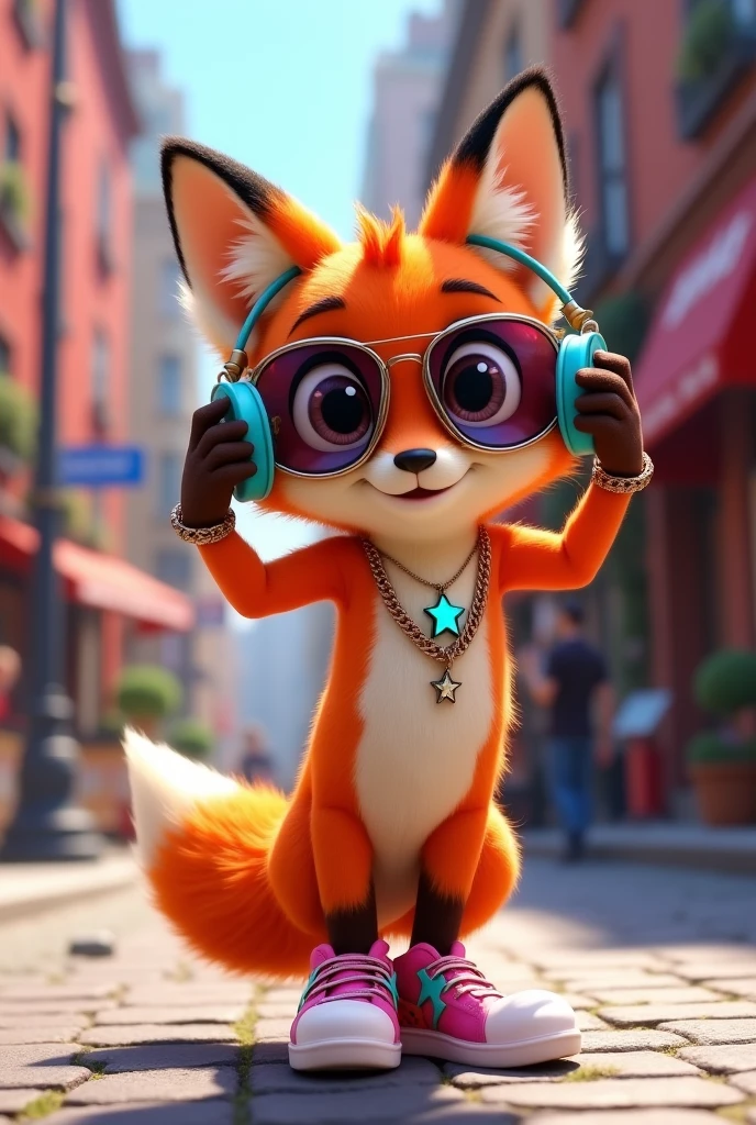 Create a 3D Disney Pixar style young fox named Fluffy. She should have vibrant orange fur with white spots on her belly and paws., with big, expressive eyes and cute ears. Cute girl should wear modern and stylish accessories:
Accessories to be included:
A pair of large, colorful headphones, with shiny details.
A chain necklace with a star or heart pendant.
A smartwatch with a bright screen and a sports strap.
A pair of stylized sneakers, with vibrant colors and unique details.
A fashionable sunglasses with mirrored frame.
Fofinha must have a casual and cool attitude, with a featured accessory, perhaps adjusting headphones or showing off sunglasses. The background should be a modern and vibrant urban environment, like a city street or a cool cafe, capturing the youthful energy and style typical of Disney Pixar.