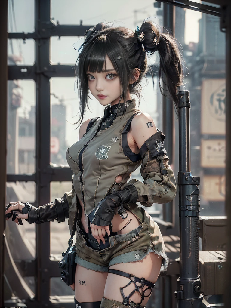 (Full Body View:1.2)、(Side view:1.1)、(Please smile with your teeth showing:1.4),(Shibuya Gal:1.5)、(Goth Style Fashion:1.5)、(Tattered khaki and gray futuristic micro high leg bodysuit:1.5)、(Tattered Khaki and Beige Micro Fancy Sleeves:1.5)、(Tattered khaki micro shorts:1.5)、(Brown and khaki knee socks:1.3)、(camouflage:1.3)、(Military jacket:1.4)、Brown boots、Khaki gloves、internal、(underwear is small:1.4)、23 years old、(Posing as a gravure model:1.3)、((Highest quality、8k、masterpiece:1.3))、One person、The beauty of slim abs:1.3、(Hairstyle Casual、Big Tits:1.1)、dress:1.1、Super small face、Narrow eyes、double eyelid、Laughter、Esbian all over body、Dynamic Angle、Close-up、CPL Filter、Blurred Background、Bokeh、Blue Hour、Detailed face and skin texture、Detailed Eyes,(Twin tails:1.3)、(Black brown hair:1.4)、Gravure idol pose、(The background is the cockpit of a futuristic weapon.:1.3)、(The body is slim:1.2),(Slim legs:1.4),(clavicle:1.1)