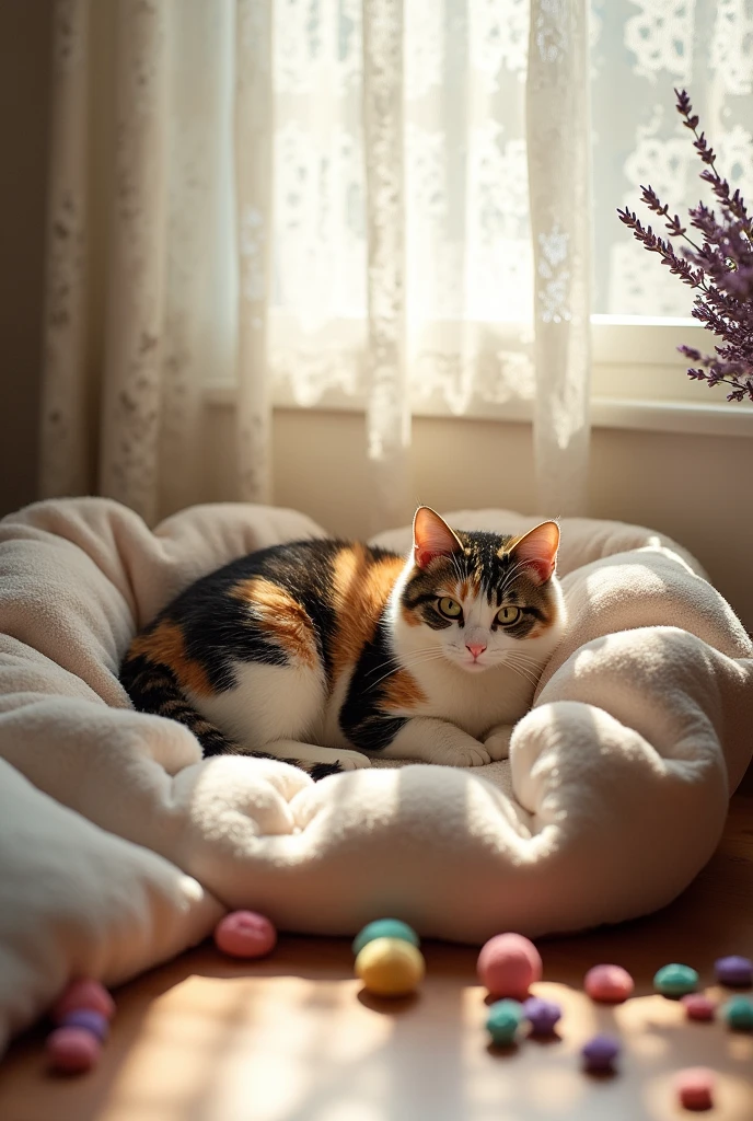Minty preparing a cozy bed in a comfortable corner, getting ready for her kittens.