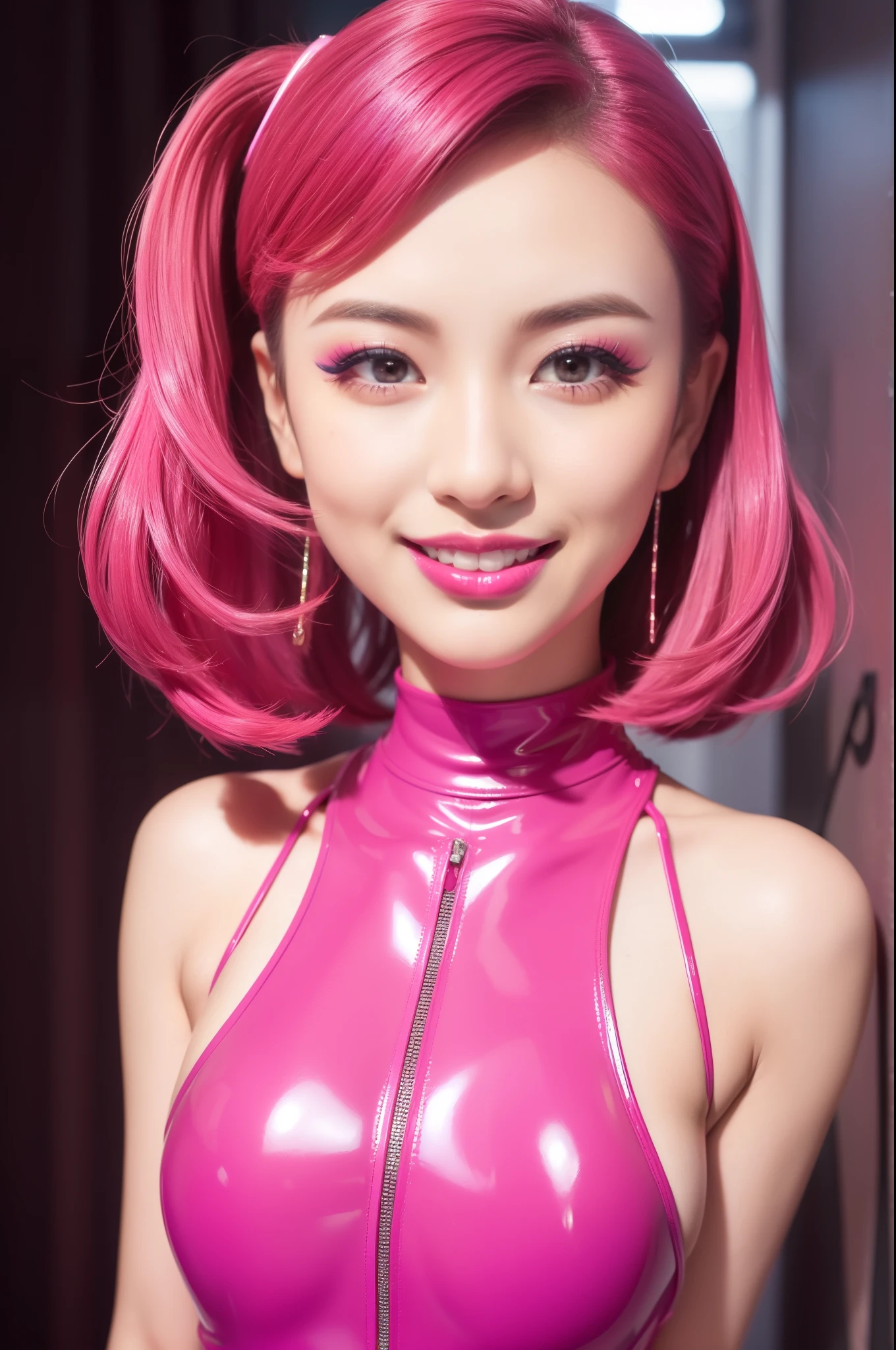 nsfw、sexy stylish female idol、glossy lipstick、smiling face、defined eyebrows、ultra detailed vivid makeup、very long lashes、full body Esbian、sheer latex dress(neon fuchsia)、Colorful hair