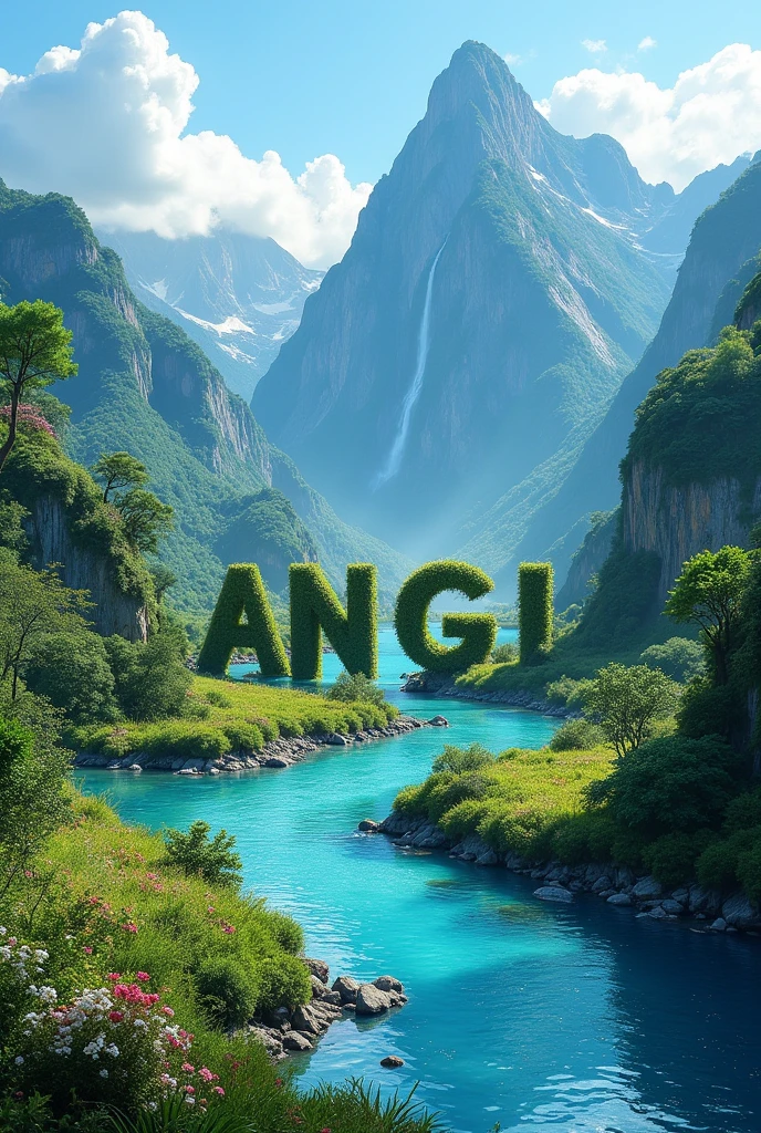 landscape of a mountain with waterfalss and a blue river flowing,in the middle there is a green grass forming the worlds "ANGGI" seen above 