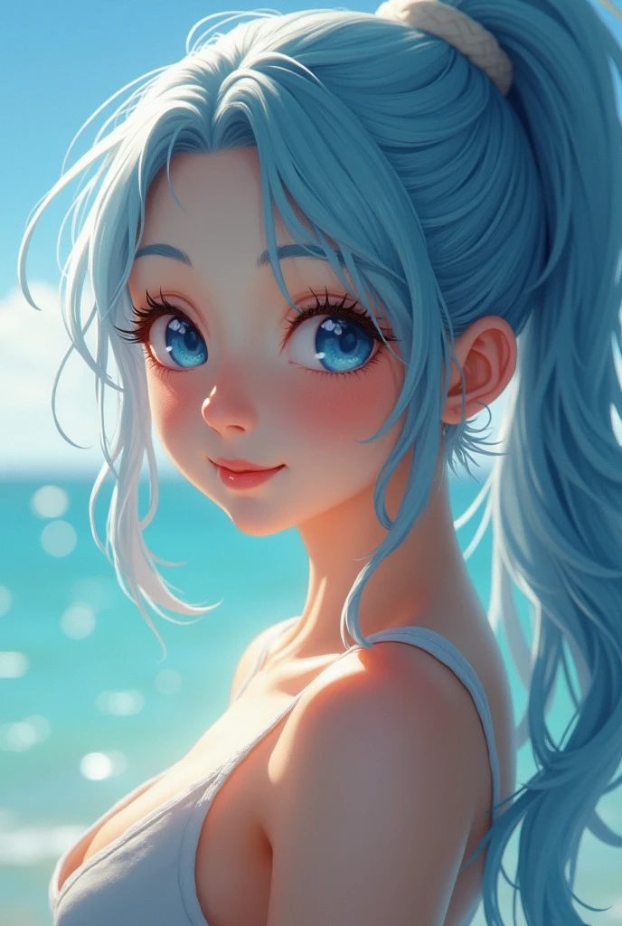 masterpiece, High resolution, Highest quality, One person, smile, Gaze, blue eyes, ponytail, Blue Hair/Light blue hair, Anatomically correct, Very detailed, Textured skin, Ultra high definition, Background blur,