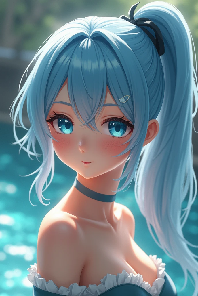 masterpiece, High resolution, Highest quality, One person, smile, Gaze, blue eyes, ponytail, Blue Hair/Light blue hair, Anatomically correct, Very detailed, Textured skin, Ultra high definition, Background blur,