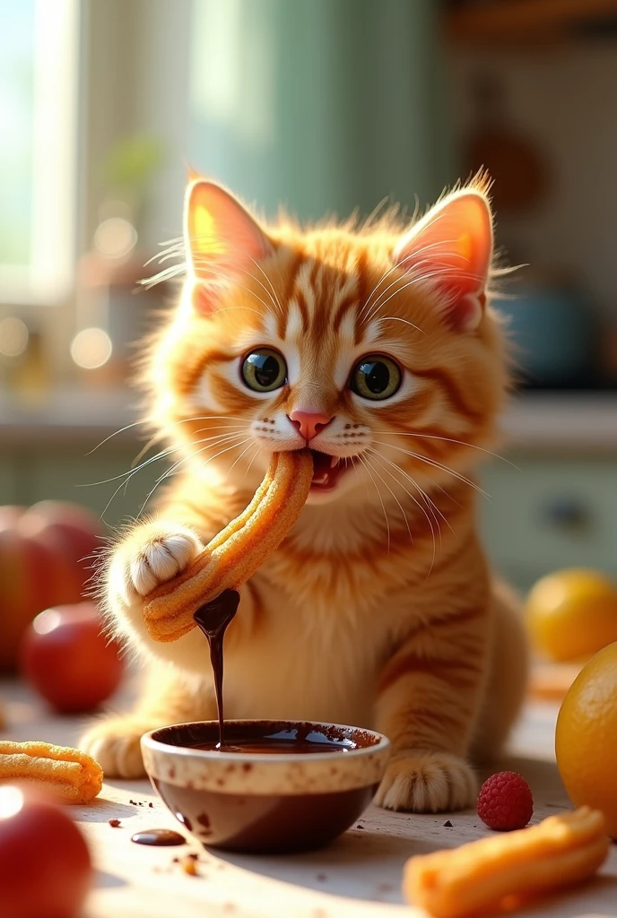 Cat drinking and eating long churros