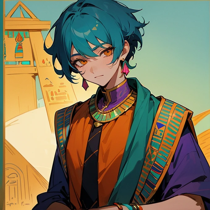 Solo, 1 boy, ((Turquoise hair)), orange eyes, short hair, Arabian style, handsome, 15 years old ???, orange eye liner, soft smile closing eyes, ((ancient Arabic purple clothes)), Arabian nights, ((Egyptian style)), jewelry, (((high quality))), masterpiece 