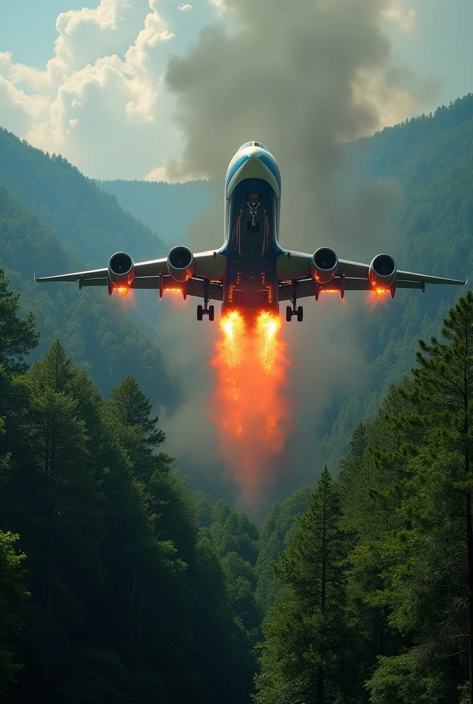 A passenger plane with four engines on fire and about to crash into the ground. Below the plane is a forest. The view is from the top right of the plane.