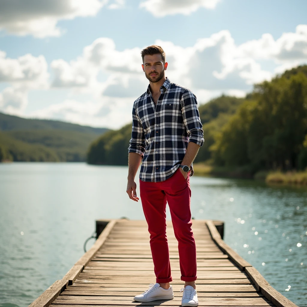 A white man, at 33 years old, model type, with short dark hair, with blue eyes, wearing a plaid shirt buttoned up, red pants,  tennis, on a wooden pier on the Alentejo lake 