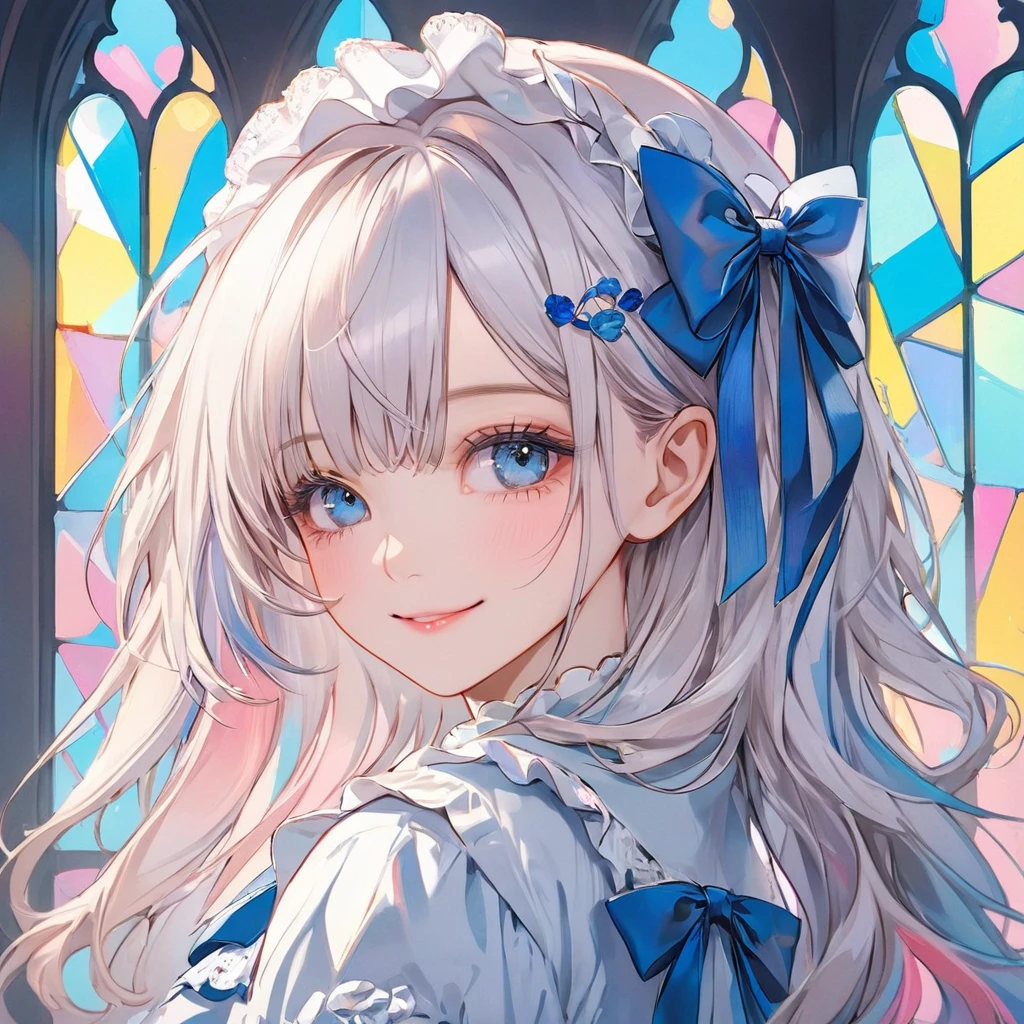 (pastel color theme art),(top-quality),(masterpiece),(1 girl),(solo),Delicately drawn face,girl with a pretty face,beautiful detailed blue eyes,beautiful detailed white and blue lolita fashions,((white and blue costume)),(Beautiful silky white hair:1.3),blue ribbon hair ornament,pale skin,a beautiful artistic illustration,pastel color theme,beautiful smile,frontal face,cowboy shot,flat color,soft gradient,standing in front of pastel color stained glass wall