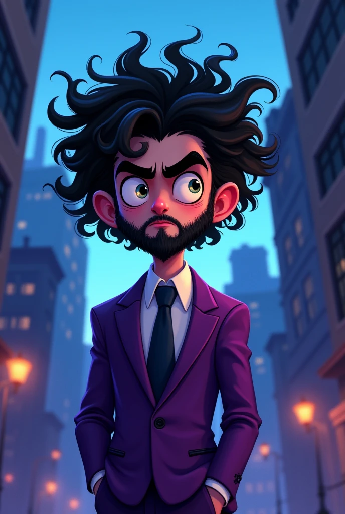 dark character, beardless curly hair male cartoon in purple suit 