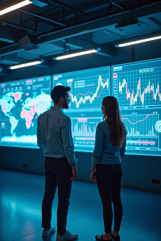 Represent the study of a country&#39;s economic cycle with large futuristic-style graphs with a young couple in a large classroom