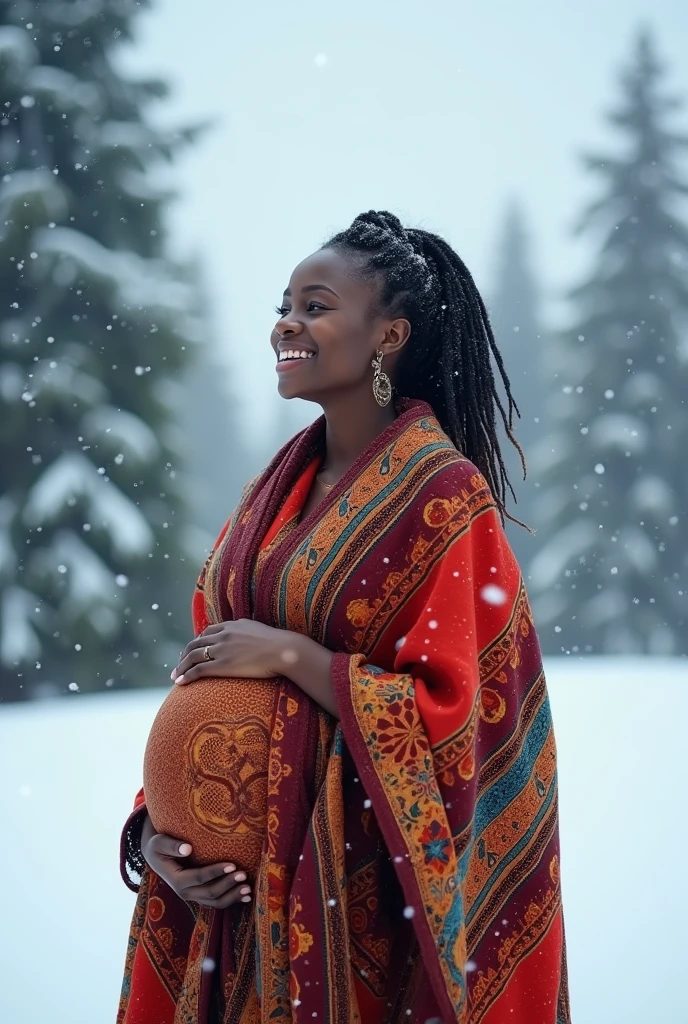 huge pragnant african woman hunt winter happy