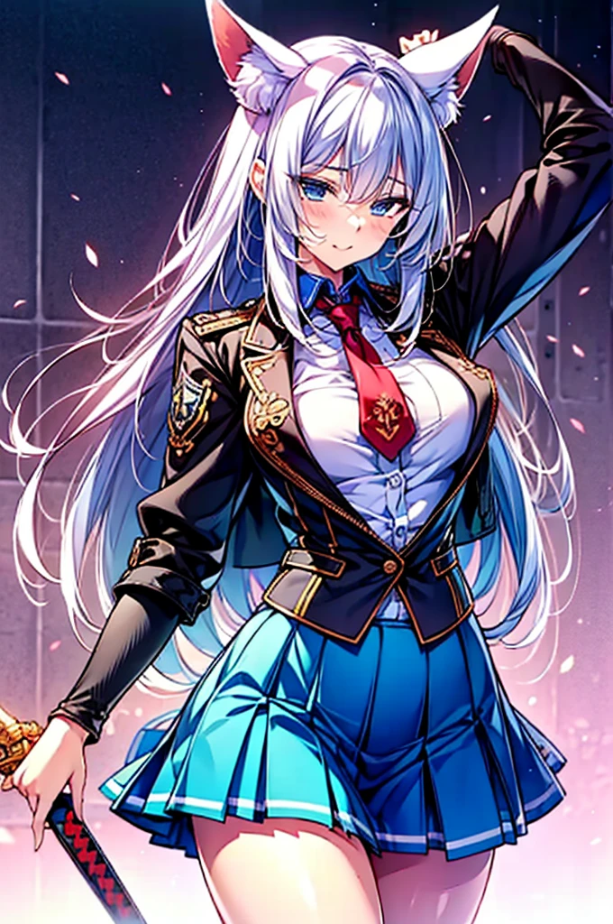 Masterpiece,Highest quality,8k,Ultra-high resolution,appropriate margins,Flawless2Book Arms,Flawless5本の指,Flawless人体,Flawless瞳,((Cowboy Shot)),BREAK,Very bright look,Laughing with your mouth open,(1 person),(The most beautiful woman),Slim body,((The most extraordinary breasts)),Moisturized Skin,Fair skin,BREAK,((White Hair,Fox ears)),Long Hair,Tie your hair back,BREAK,Thin eyebrows,BREAK,(Blue eyes),BREAK,(shirt),(Over jacket),(skirt),(skirtの中にshirt),BREAK,((Ready your weapon)),swordを持つ,sword,Make eye contact with your audience