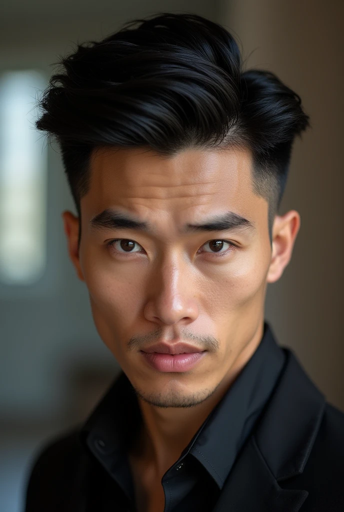 Man with a diamond shaped face and medium black wolfcut hair, Caucasian skin, medium almond shaped eyes, medium width nose, voluminous mouth, slightly defined jaw, lean face, and very pronounced cheekbones. Exactly with these characteristics without any changes, and it's not an Asian man
