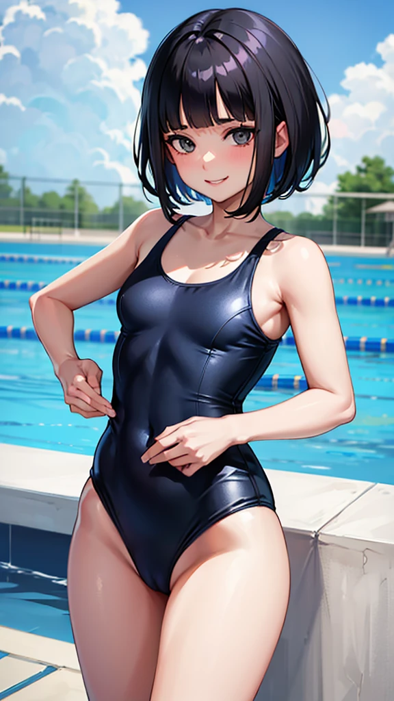 (8k、Best image quality、Highest quality、masterpiece)、Detailed face、1 person、Black Hair、Bobcut、Blunt bangs、Grey Eyes、Wicked Smile、Small breasts、One piece swimsuit、Cowboy Shot、Hips、blue sky、Pool Background、