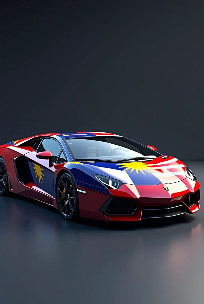 Lamborghini Aventador, Malaysian flag stripes, red and blue colors, dynamic sports car, 3D render, hyperrealistic, photorealistic, 8k, best quality, ultra-detailed, extremely sharp focus, physically-based rendering, studio lighting, vibrant colors, intricate details, glossy surfaces, sleek and modern design, dramatic lighting, cinematic composition, high-end automotive, precision engineering