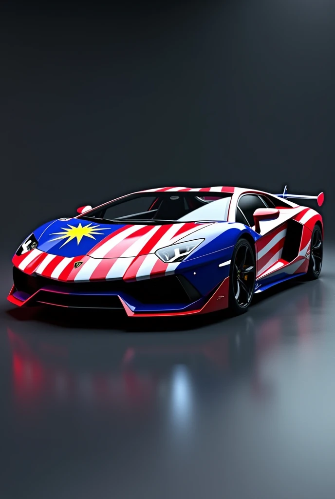Lamborghini Aventador, Malaysian flag stripes, red and blue colors, dynamic sports car, 3D render, hyperrealistic, photorealistic, 8k, best quality, ultra-detailed, extremely sharp focus, physically-based rendering, studio lighting, vibrant colors, intricate details, glossy surfaces, sleek and modern design, dramatic lighting, cinematic composition, high-end automotive, precision engineering