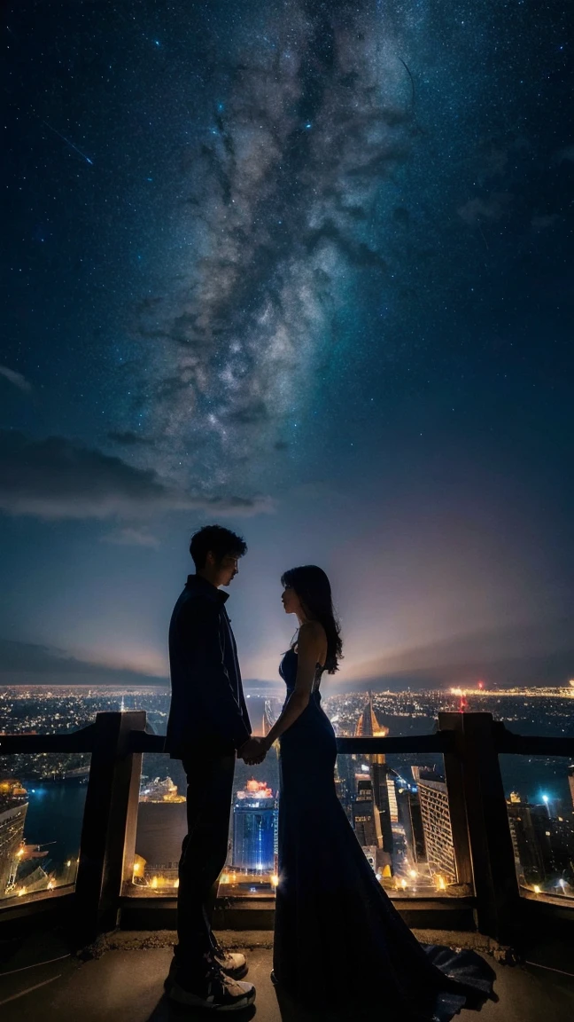 A couple stands against the backdrop of the night sky, Create a beautiful and romantic scene、Add a mystical touch to romantic scenes, Night sky and city lights, (RAW Photos, Highest quality), (8k, Highest quality, masterpiece: 1.2), Very detailed, Super Resolution