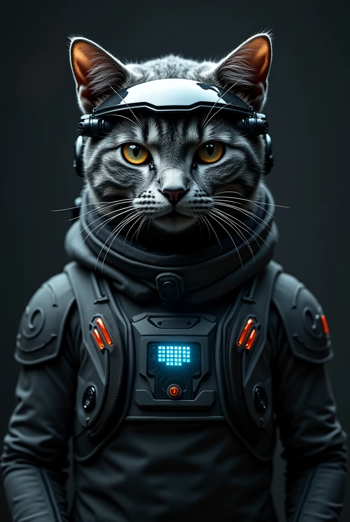 masterpiece:1.2,Highest quality,Realistic,RAW Photo),8k,wallpaper,Ray Tracing,(gray cat),Standing,(grey cat),(Wearing futuristic tactical glasses:2.0,Tactical data displayed on glasses:2.0 , Glasses image details: 2.0),(tactical bodysuit),(Tactical Helmet: 2.0),(Tactical Headset),(Intercom microphone),(Faces with attention to detail, Detailed skin texture, Beautiful Skin),(Looking into the camera) ,(front),(Face close-up:2.0),(Prick server:2.0),(darkness:2.0)