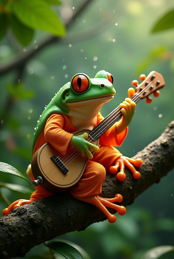 On a branch in the rainforest，Light rain，Morning dew sparkles，A fat tree frog playing the biwa，The frog is wearing an orange Chinese dress，Ultra-realistic，high resolution，It&#39;s on a branch