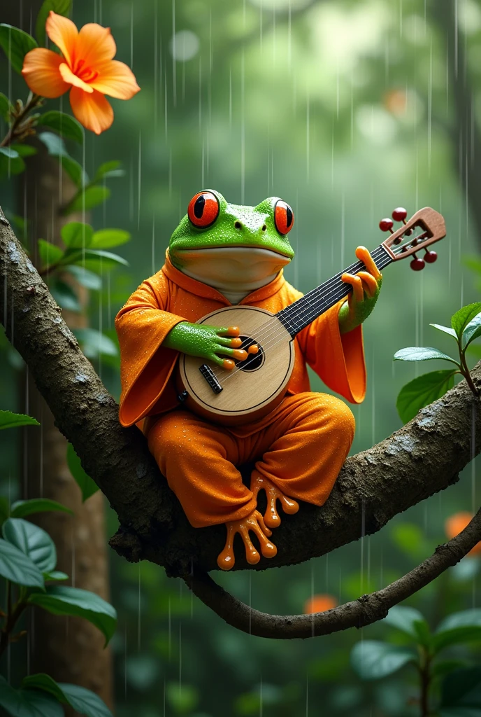 On a branch in the rainforest,Light rain,Morning dew sparkles,A fat tree frog playing the biwa,The frog is wearing an orange Chinese dress,Ultra-realistic,high resolution,It's on a branch