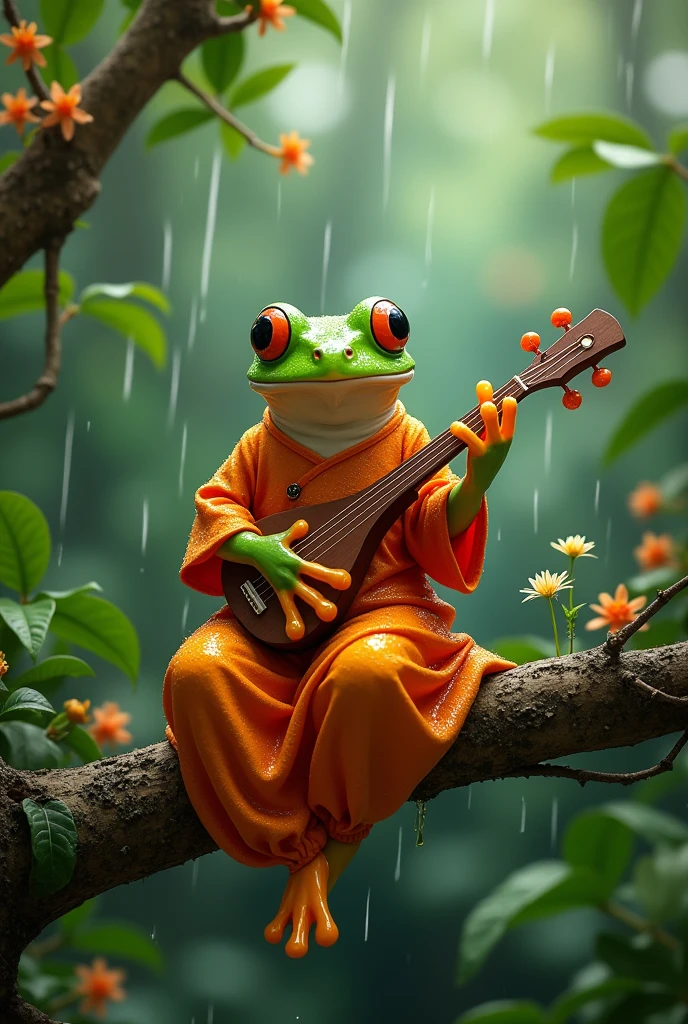 On a branch in the rainforest,Light rain,Morning dew sparkles,A fat tree frog playing the biwa,The frog is wearing an orange Chinese dress,Ultra-realistic,high resolution,It's on a branch