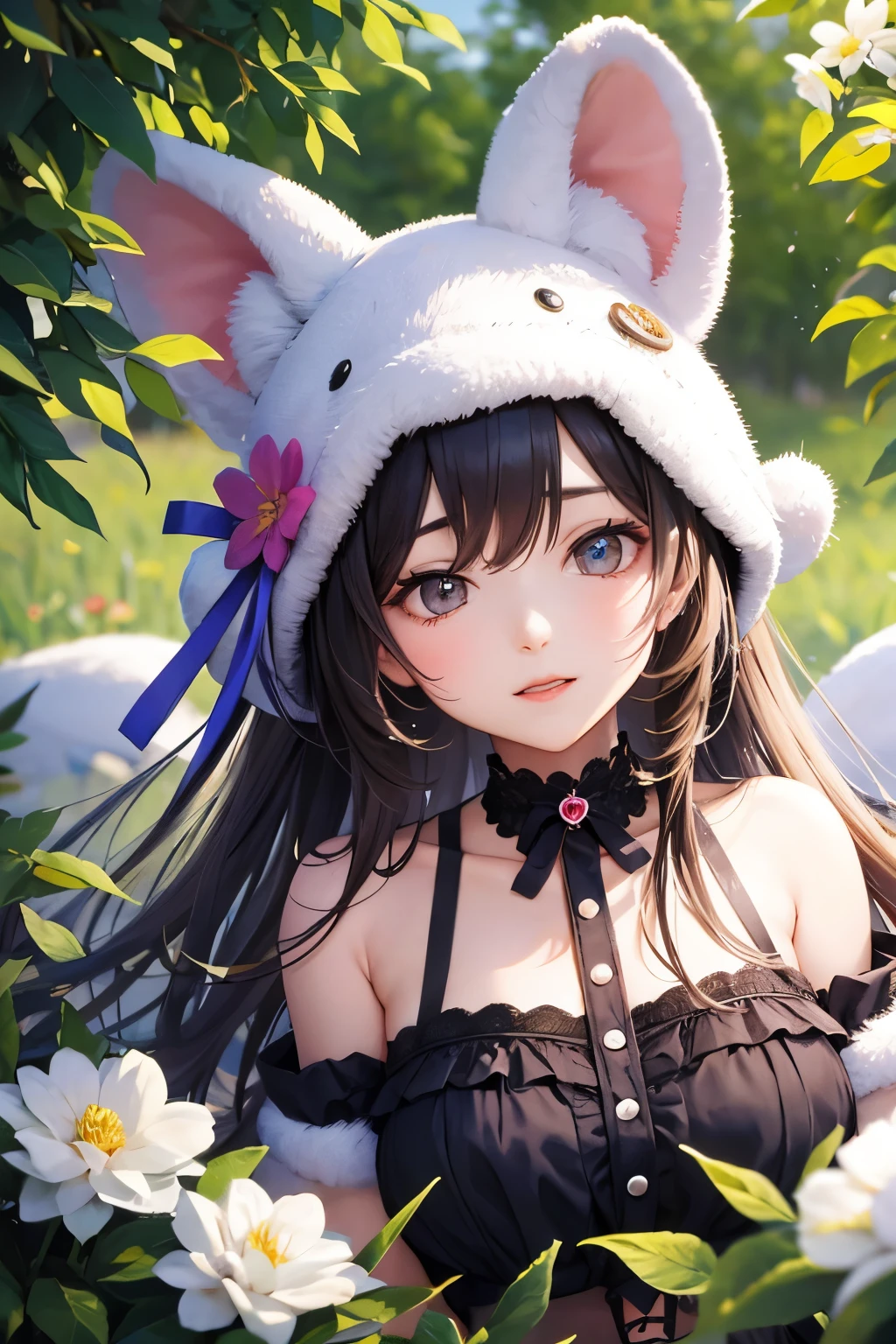A cute and beautiful girl in a sheep costume with a heart-shaped choker, in a beautiful flower field