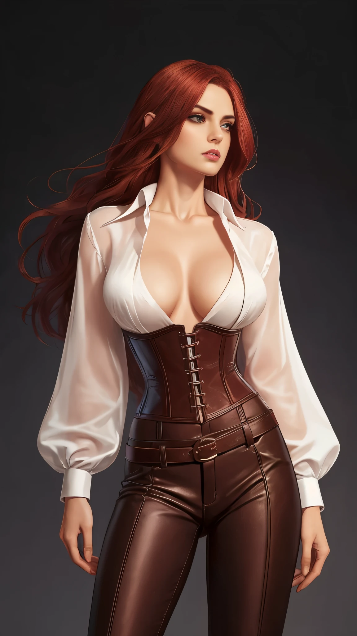 a gorgeous woman wearing a white silk shirt with a deep v neck, brown leather pants, and a belt, cinched waist, dramatic lighting, photorealistic, high fashion editorial, corset, red hair, large breasts