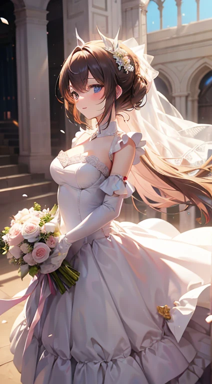 wedding gown,auditorium,Flying white doves,Holding roses in hand,divino