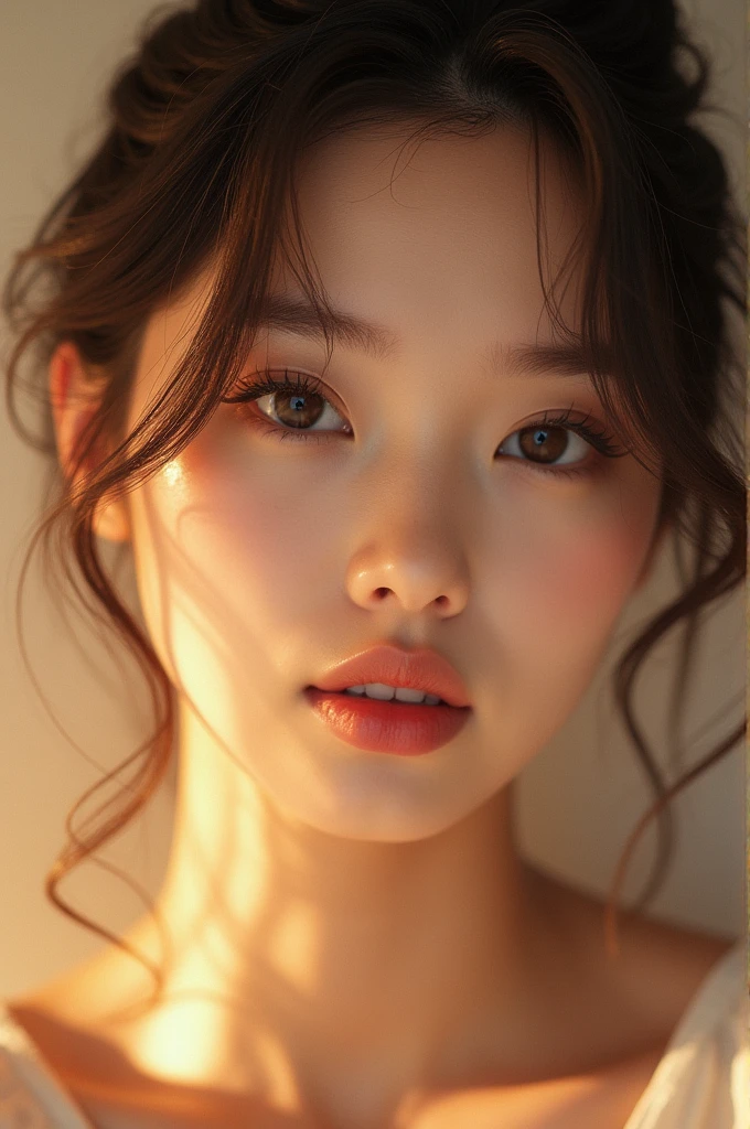 Beautiful female K-POP idols, (Glowing Skin:1.2), I see her face, Close-up portrait, Shot with Sony A1, 85mm F/1. 4 ISO100, Medium format, 45 megapixels, Studio Lighting, Softbox, High shutter speed flash photography, Award-winning photo with golden ratio composition, View the viewer