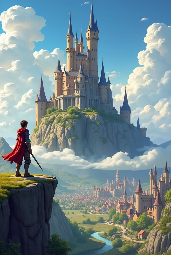 young man,stand,Turn your back.,adventurer,stand on cliff, Ahead is a big kingdom town. big cloud kingdom town city, fairy tail , beginerKnight Adventurer.