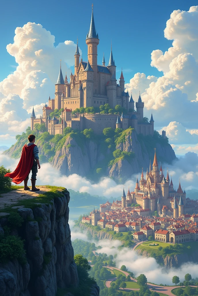 young man,stand,Turn your back.,adventurer,stand on cliff, Ahead is a big kingdom town. big cloud  kingdom town city, fairy tail  , beginerKnight Adventurer.