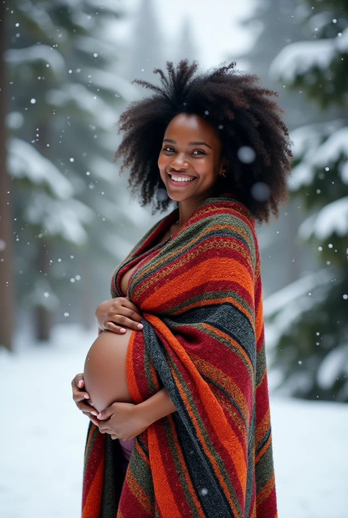 huge pragnant african woman hunt winter happy