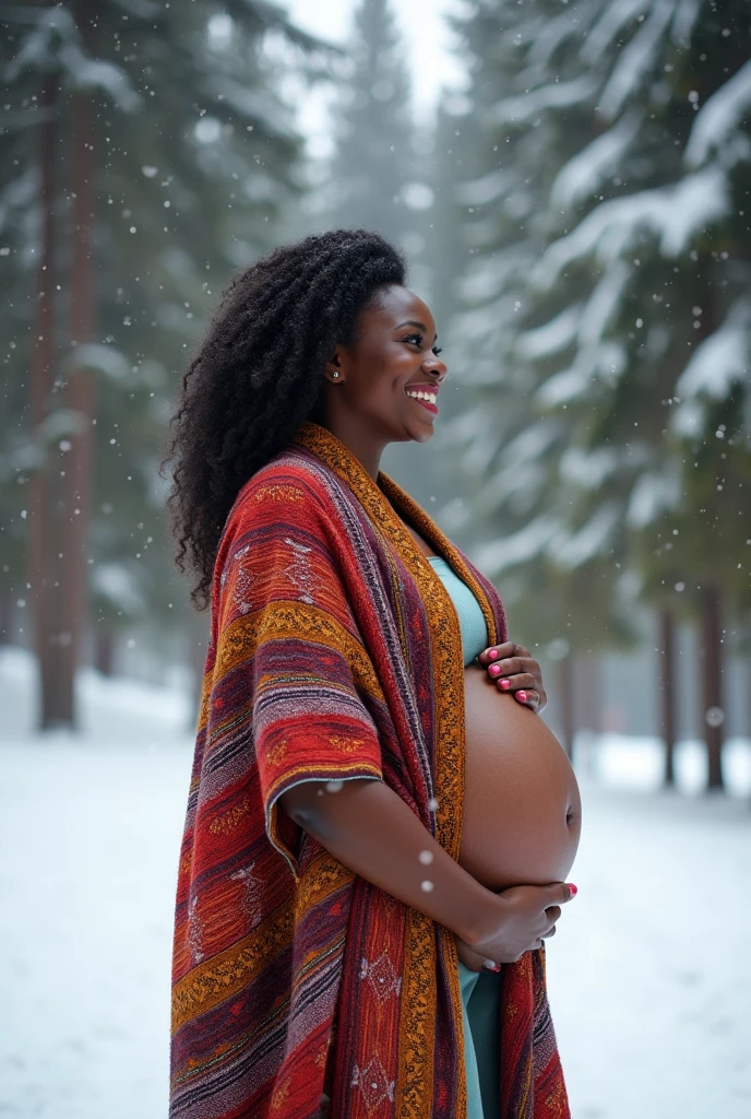 huge pragnant african woman hunt winter happy