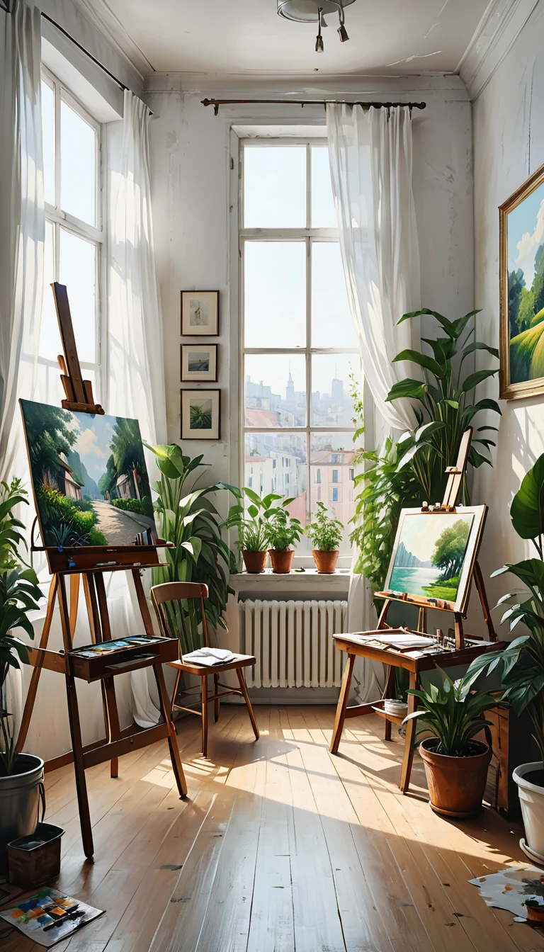 paintings hang on the walls,easel, paintings, abstraction, minimalism, artist's studio, artist's workshop, brushes, paints, chair near the easel, window to the street,White curtains fluttering,There are many green plants arranged in the room, 8k, hyperrealism, masterpiece, high resolution, best quality, ultra-detailed, super realistic, Hyperrealistic art, high-quality, ultra high res, highest detailed, lot of details, Extremely high-resolution details, incredibly lifelike, colourful, soft cinematic light,