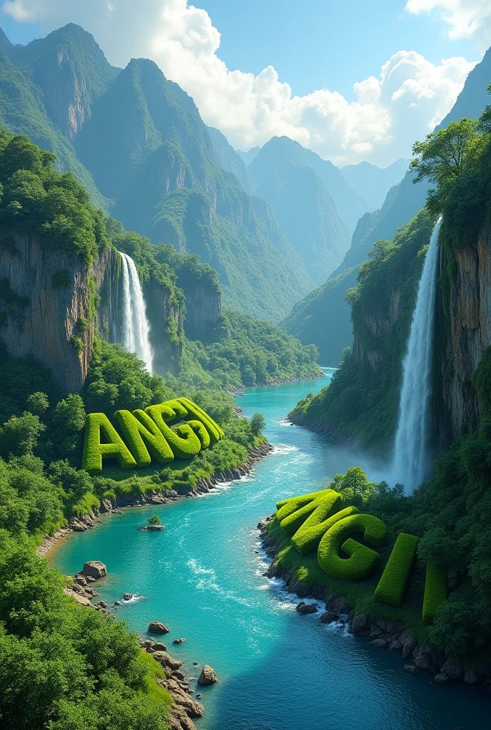 landscape of a mountain with waterfalss and a blue river flowing,in the middle there is a green grass forming the worlds "ANGGI" seen above 