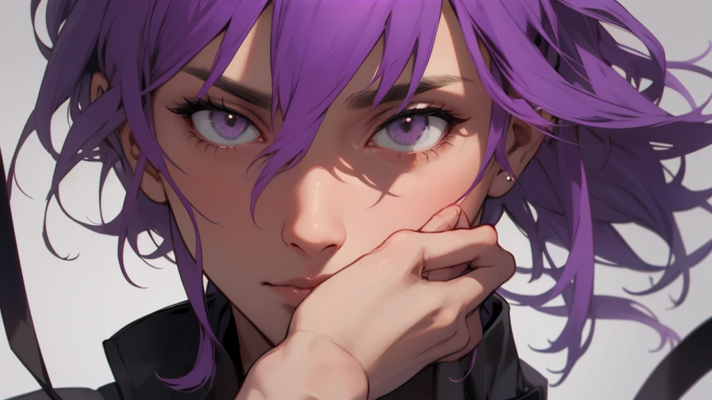 (High definition, 4K),1 girl,realisitic,breasts big,facing at viewer,blank gray background,Half close, big purple hair