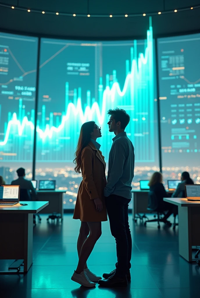 Represent the study of a country's economic cycle with large futuristic-style graphs with a young couple in a very large classroom