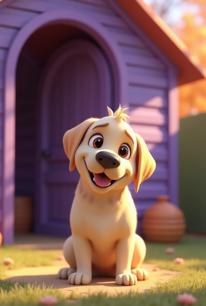 Cartoon Dog Character, female, Labrador Breed, low coat, in light beige, big door, overweight, purple wooden house background, animation character, stylized character, animation style rendering, 3d stylized, Arnold Maya rendering, Stylized 3D rendering, toon render screenshot, 3d character, 3d character, Stylized 3D rendering, 3D character rendering, cartoon character, Personagem de close up, character posing, (Pixar-style) (master part:1.2) (bokeh) (best quality) (skin detailed) (detailed texture) (8k) (Argilla) (cinematic lighting) (sharp focus