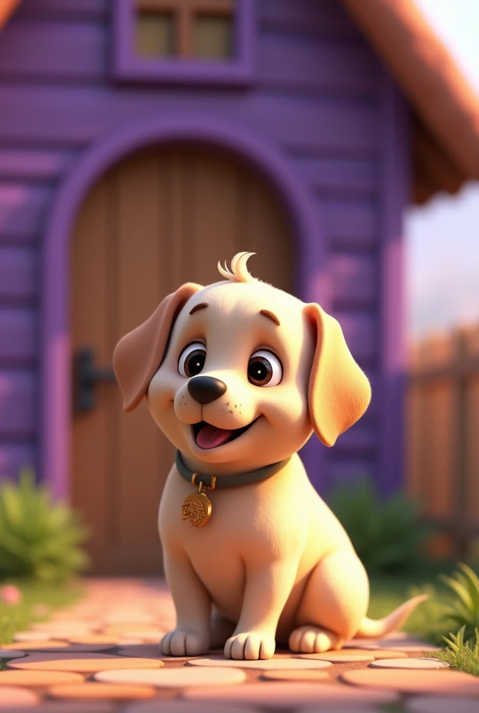 Cartoon Dog Character, female, Labrador Breed, low coat, in light beige, big door, overweight, purple wooden house background, animation character, stylized character, animation style rendering, 3d stylized, Arnold Maya rendering, Stylized 3D rendering, toon render screenshot, 3d character, 3d character, Stylized 3D rendering, 3D character rendering, cartoon character, Personagem de close up, character posing, (Pixar-style) (master part:1.2) (bokeh) (best quality) (skin detailed) (detailed texture) (8k) (Argilla) (cinematic lighting) (sharp focus