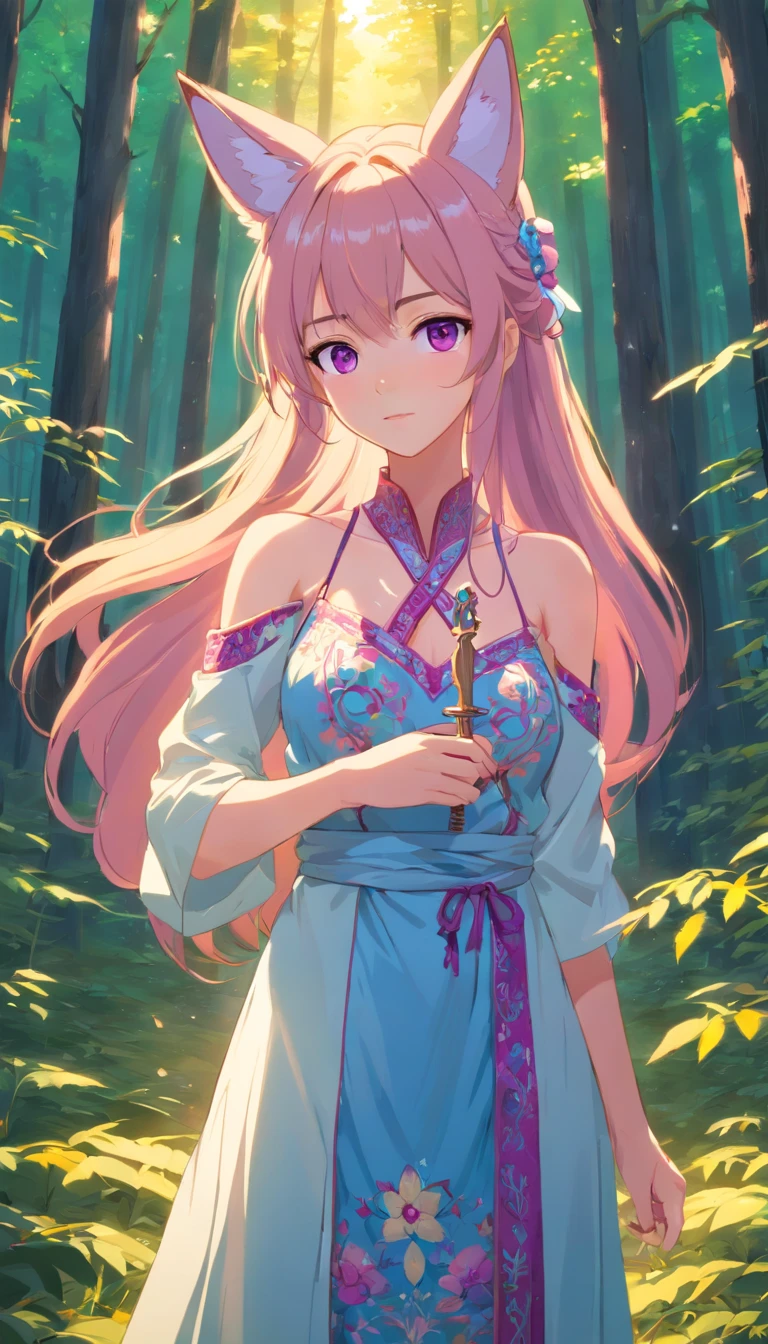 Beautiful girl with big breasts, dressed in a Ukrainian embroidered dress, beautiful pink-violet eyes, Russian long hair, has fox ears, no handcuffs on the shoulders staying in the beatiful forest holds a light blue holy sword