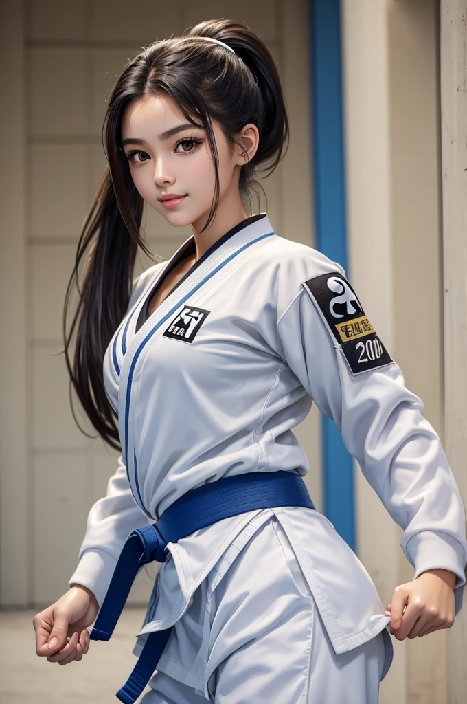 (masterpiece,highest quality, high resolution), (((Very beautiful 20 year old girl))), pretty girl、look at the photographer、 ((beautiful low ponytail)), super cute face, glossy lips, double eyelids in both eyes,natural smile、 natural makeup, long eyelashes, Shiny and smooth hair、center image, perfect limbs, perfect anatomy,(((taekwondo uniform)))、(wet with sweat), turn around and look back, dojo