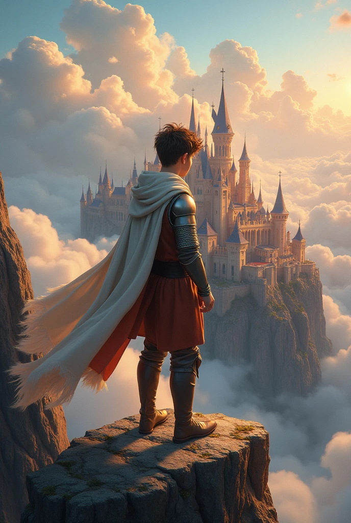 young man,stand,Turn your back.,adventurer,stand on cliff, Ahead is a big kingdom town. big cloud kingdom town city, fairy tail , beginerKnight Adventurer