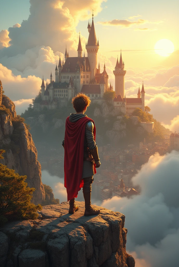 young man,stand,Turn your back.,adventurer,stand on cliff, Ahead is a big kingdom town. big cloud kingdom town city, fairy tail , beginerKnight Adventurer