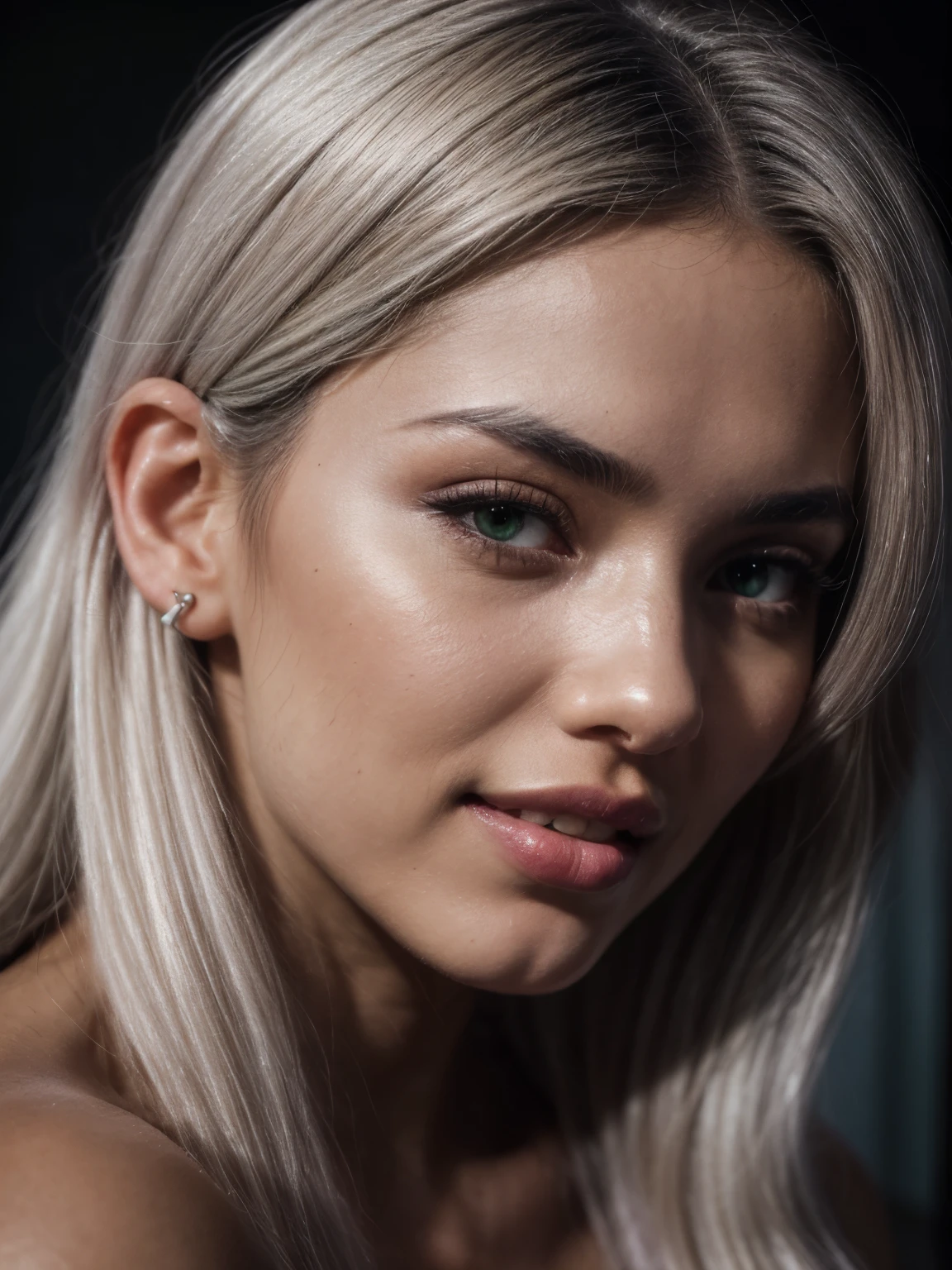 (close-up, 1 woman, 18 years old, coloured long white hair, asian girl, 172cm height, 68kg weight, soft curly intense long red hair, clear green eyes, long dark black lashes, perfectly shaped dark black eyebrows, dark caramel tanned skin, slim and well-defined body, curvy body, elegant thin nose, small ears, full lips, white teeth, small soft ladylike hands, painted fingernails, wearing a pink joggingsuite:1.2), (highly detailed face:1.4) (smile:1.1), (background inside dark, moody, living room:1.3), POV, by lee jeffries, nikon d850, film stock photograph, 4 kodak portra 400, camera f1.6 lens, rich colors, hyperrealistic, lifelike texture, dramatic lighting, cinestill 800
