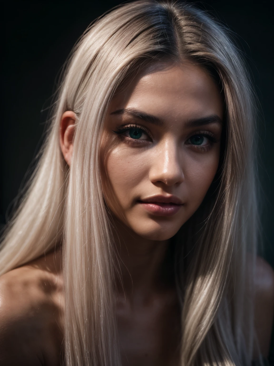 (close-up, 1 woman, 18 years old, coloured long white hair, asian girl, 172cm height, 68kg weight, soft curly intense long red hair, clear green eyes, long dark black lashes, perfectly shaped dark black eyebrows, dark caramel tanned skin, slim and well-defined body, curvy body, elegant thin nose, small ears, full lips, white teeth, small soft ladylike hands, painted fingernails, wearing a pink joggingsuite:1.2), (highly detailed face:1.4) (smile:1.1), (background inside dark, moody, living room:1.3), POV, by lee jeffries, nikon d850, film stock photograph, 4 kodak portra 400, camera f1.6 lens, rich colors, hyperrealistic, lifelike texture, dramatic lighting, cinestill 800
