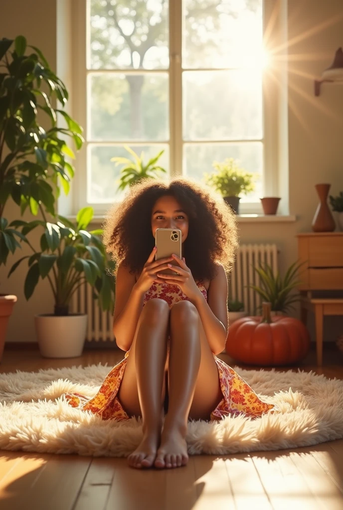 A brunette girl with curly hair and big breasts sits with her legs stretched out, taking a realistic photo