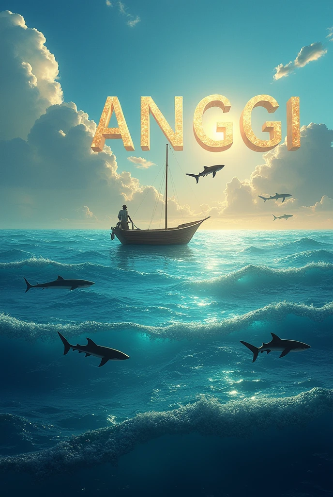 landscape of an ocean with boat and sharks around it,in the middle there is a forming worlds "ANGGI" seen above 